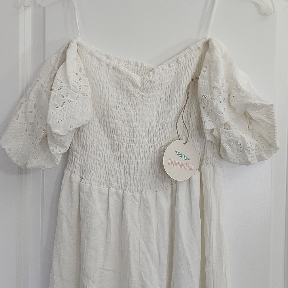 NWT HUMMINGBIRD WHITE SMOCKED OFF THE SHOULDER JUMPSUIT MEDIUM - Picture 11 of 16